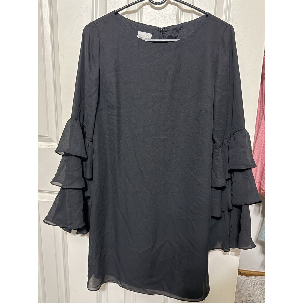 Vintage Alexandra Dillon Black Shift Dress Size 6 Tiered Ruffle Bell Sleeves